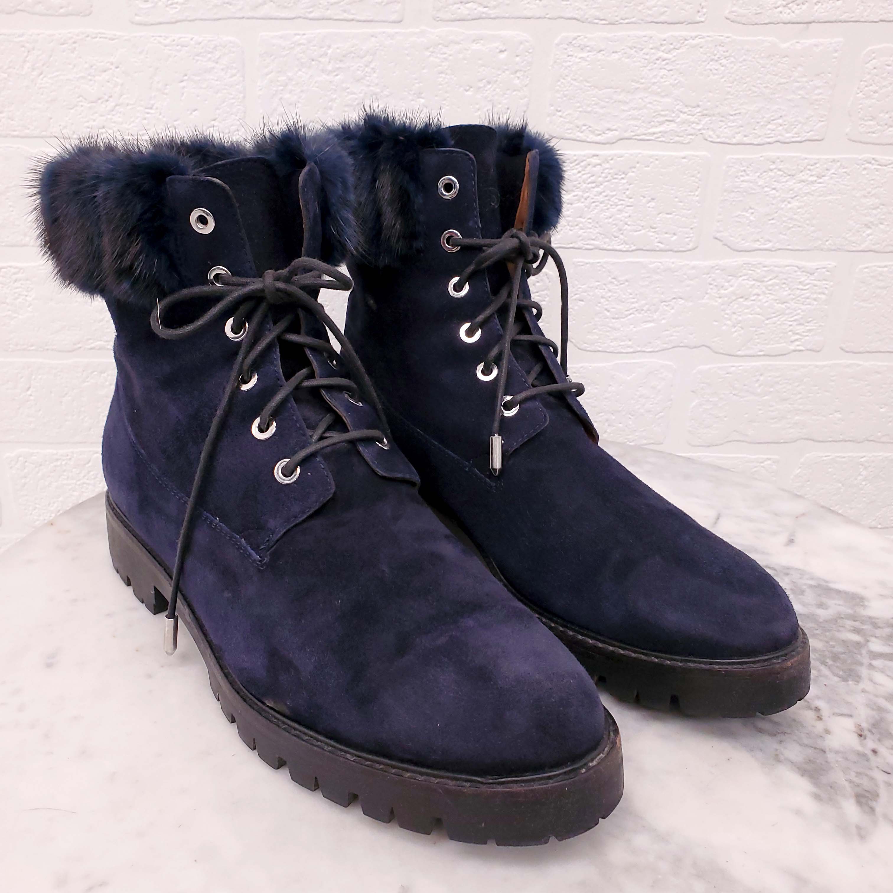 AQUAZZURA NAVY SUEDE BOOTS WITH FUR - SIZE 40.5