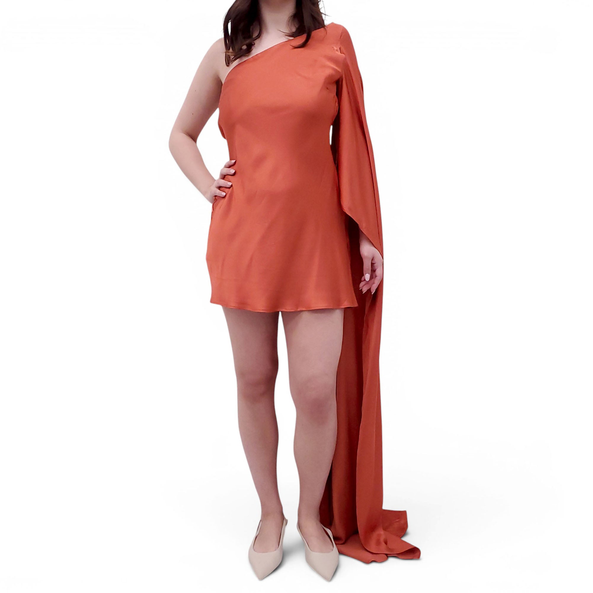 ARCINA ORI CYRA ORANGE ASYMMETRICAL ONE SHOULDER MINI DRESS - SIZE L