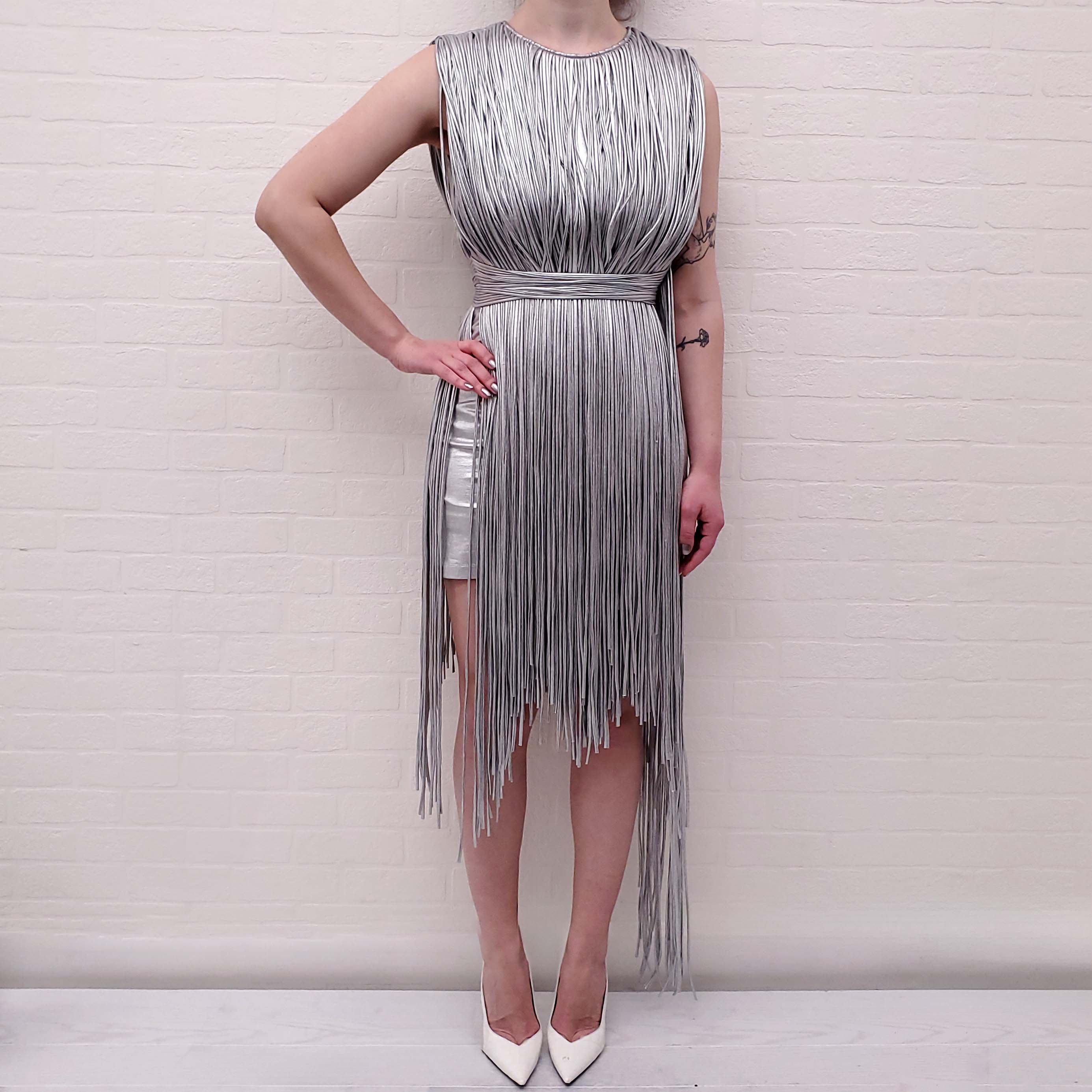 AREA METALLIC MINI FRINGE DRESS - SIZE S