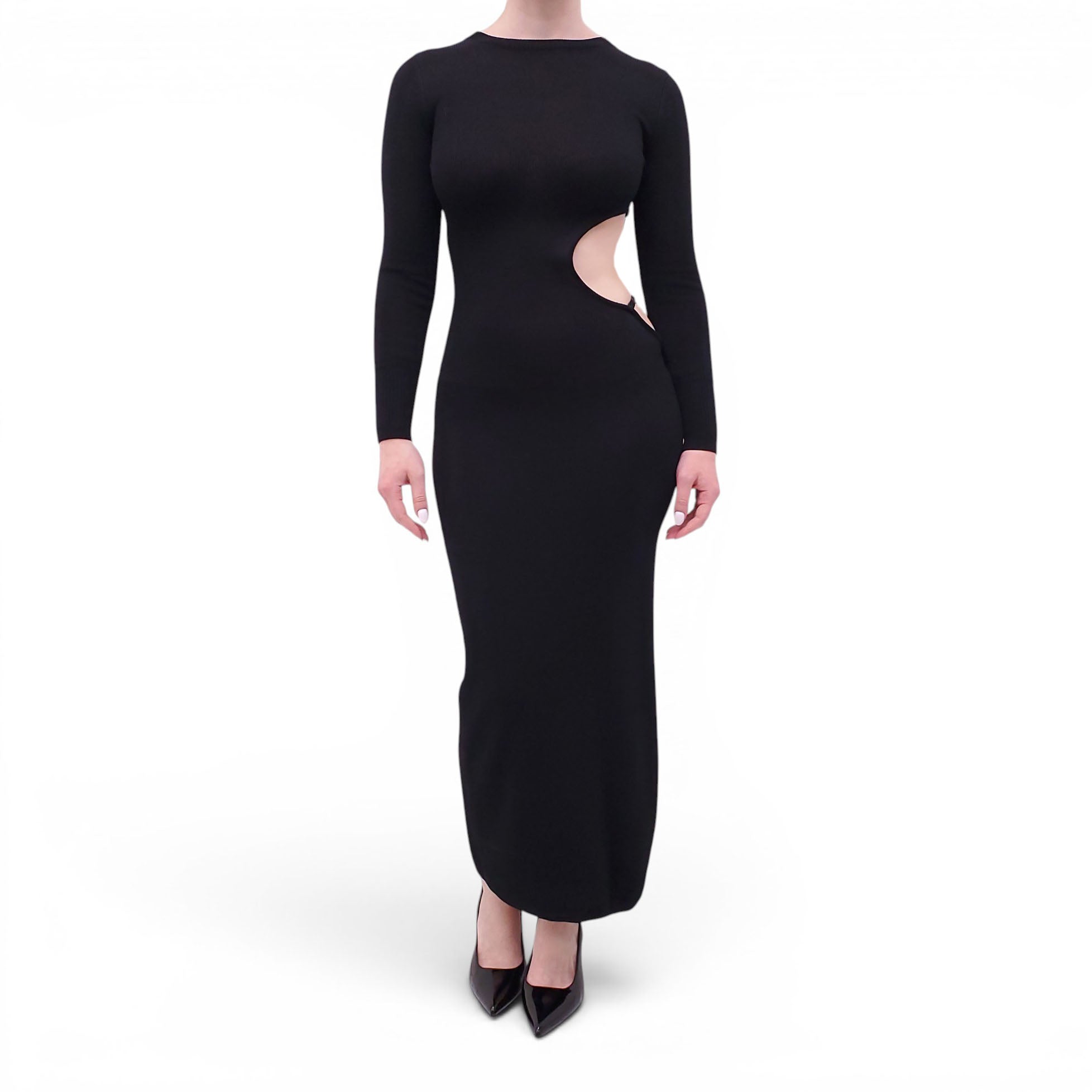 AYA MUSE BLACK KNIT CUTOUT MIDI DRESS - SIZE S
