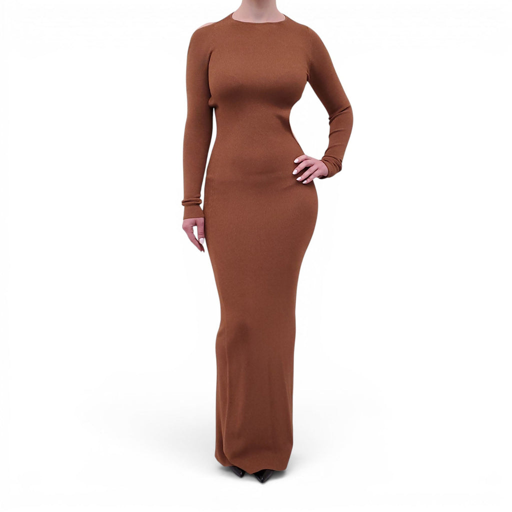 AYA MUSE BRONZE METALLIC KNIT BACKLESS DRESS - SIZE S