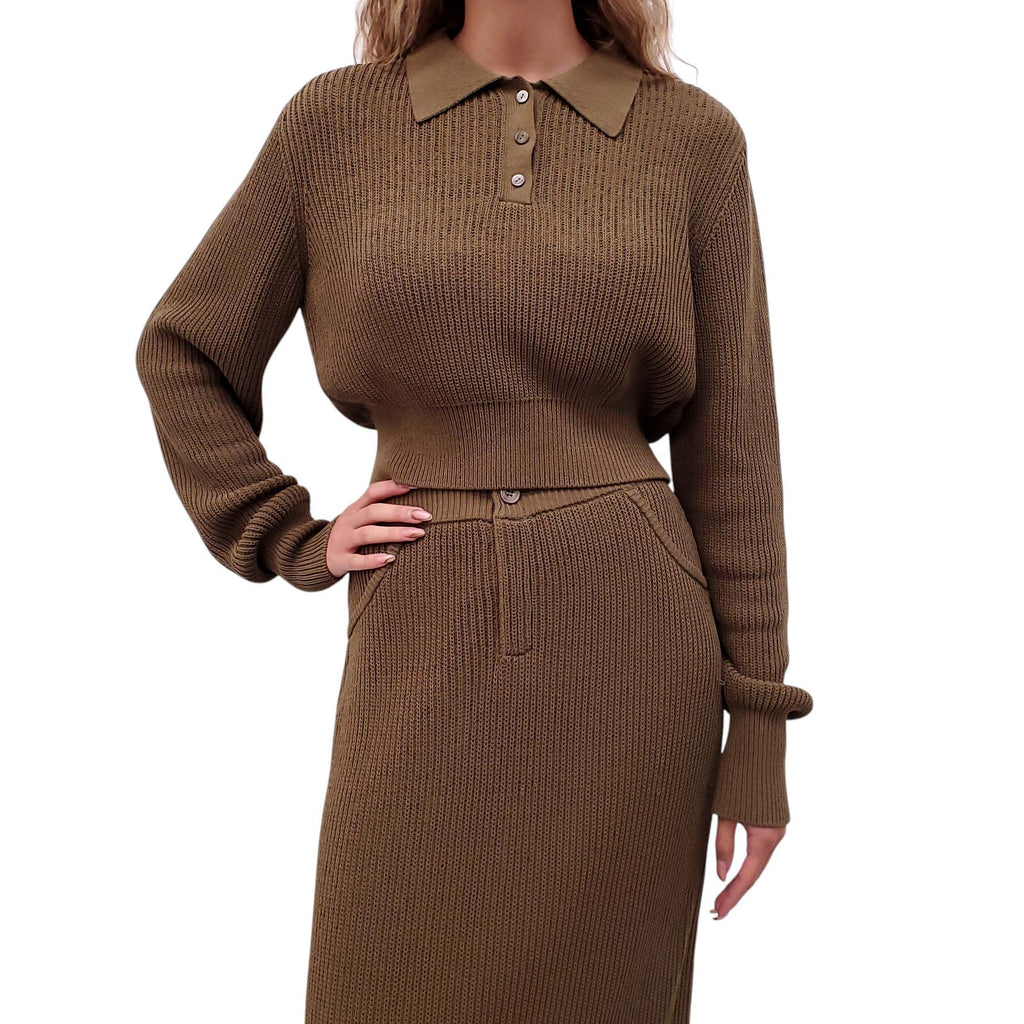 AYA MUSE KHAKI GREEN RIBBED KNIT SET - SIZE S