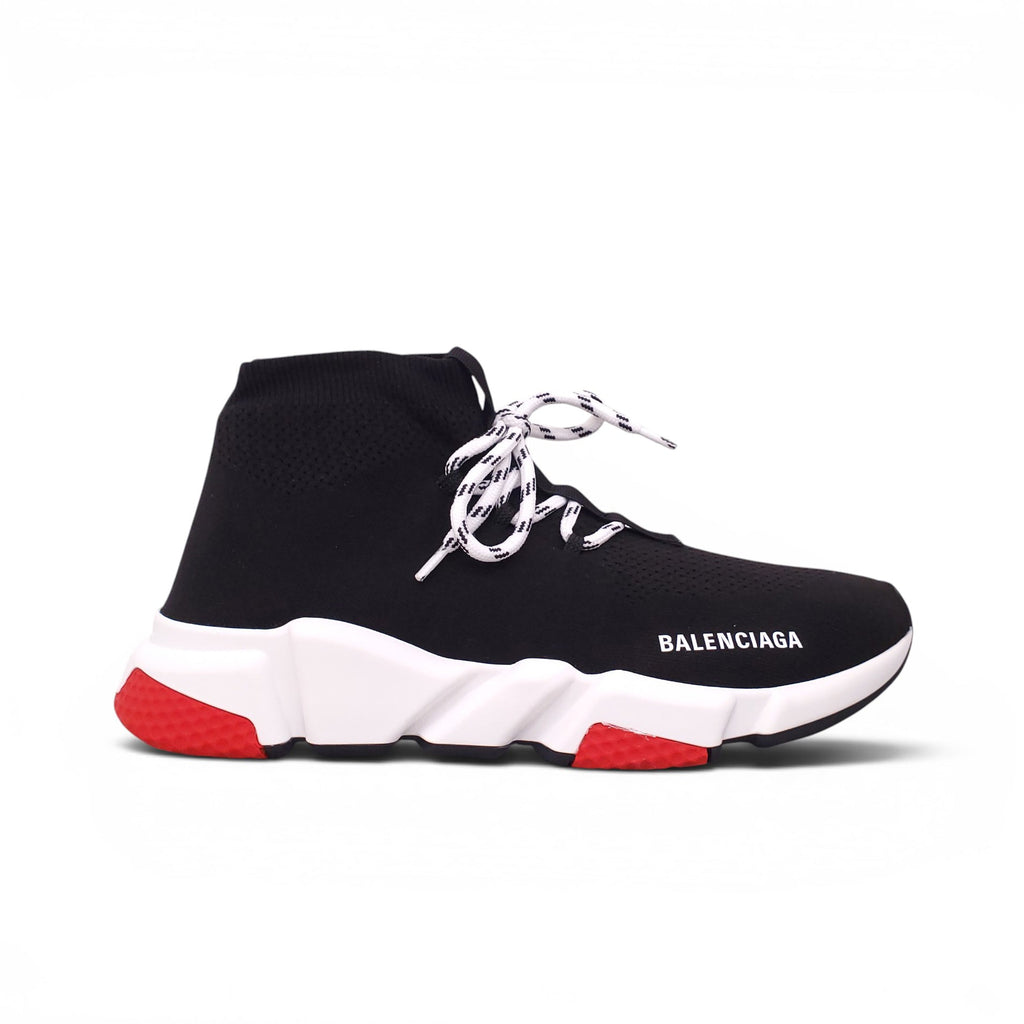 BALENCIAGA BLACK AND RED KNIT SPEED LT LACE-UP SNEAKERS - SIZE 41