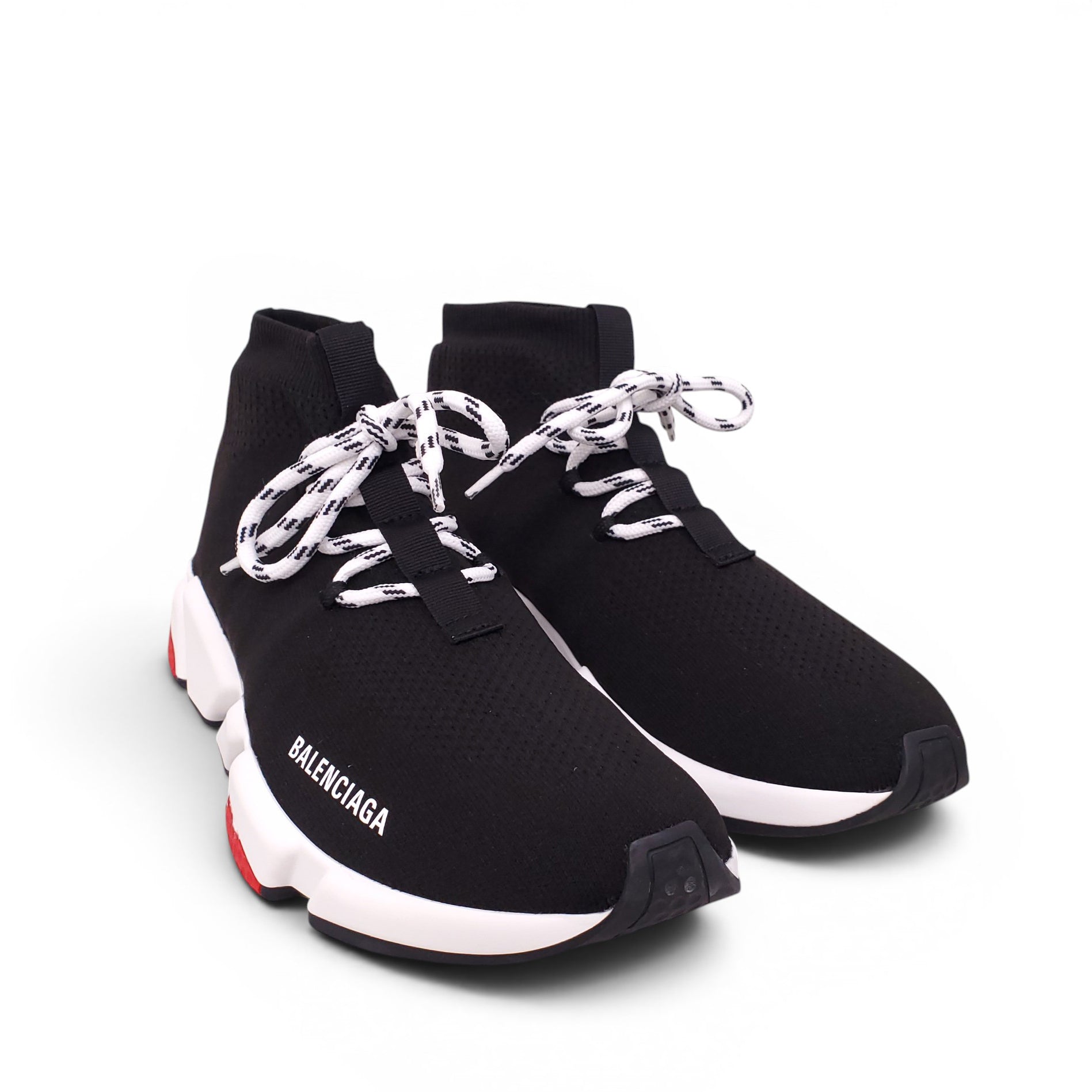 BALENCIAGA BLACK AND RED KNIT SPEED LT LACE-UP SNEAKERS - SIZE 41