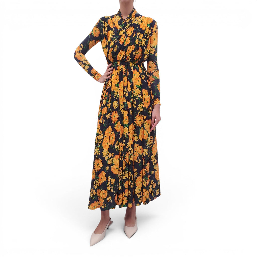 BALENCIAGA NAVY AND YELLOW FLORAL PRINT SPANDEX DRESS - SIZE 36