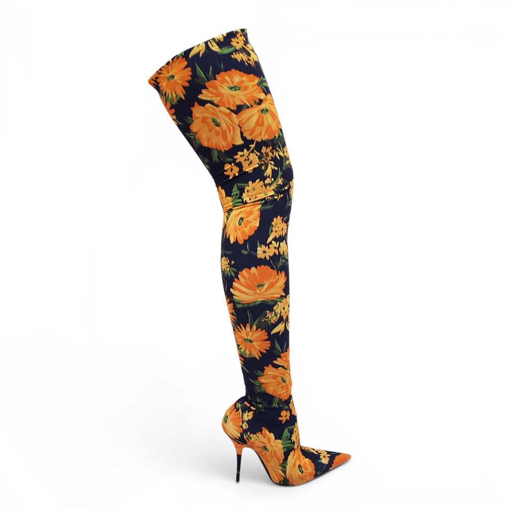 BALENCIAGA NAVY AND YELLOW FLORAL PRINT SPANDEX KNIFE BOOTS - SIZE 39