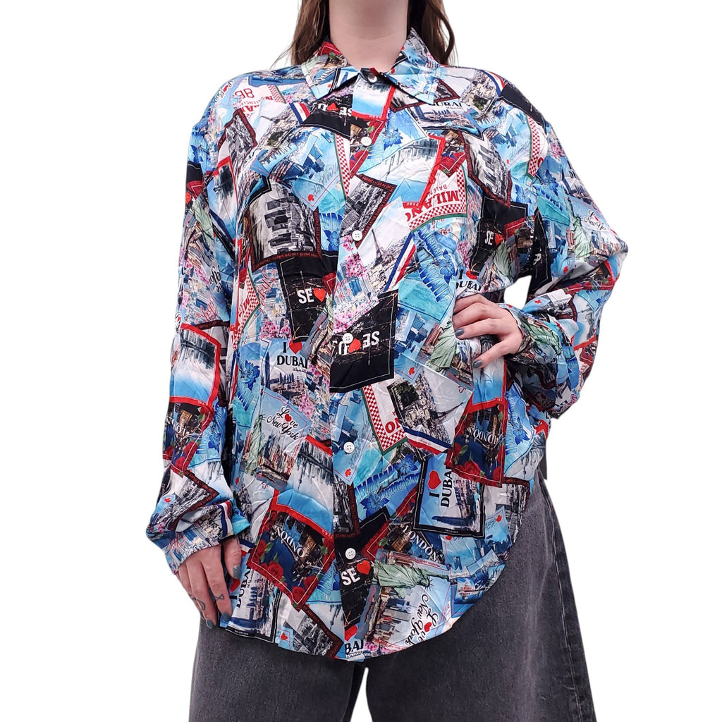 BALENCIAGA SILK CREPE WORLD CITIES SHIRT - SIZE 36