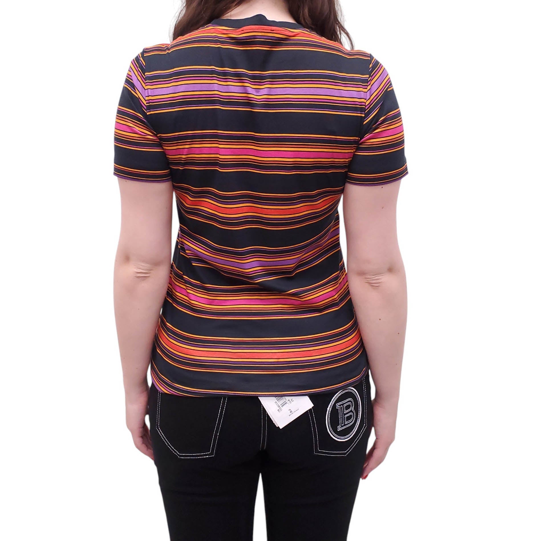 BALMAIN BLACK AND ORANGE STRIPED LOGO T-SHIRT - SIZE 34