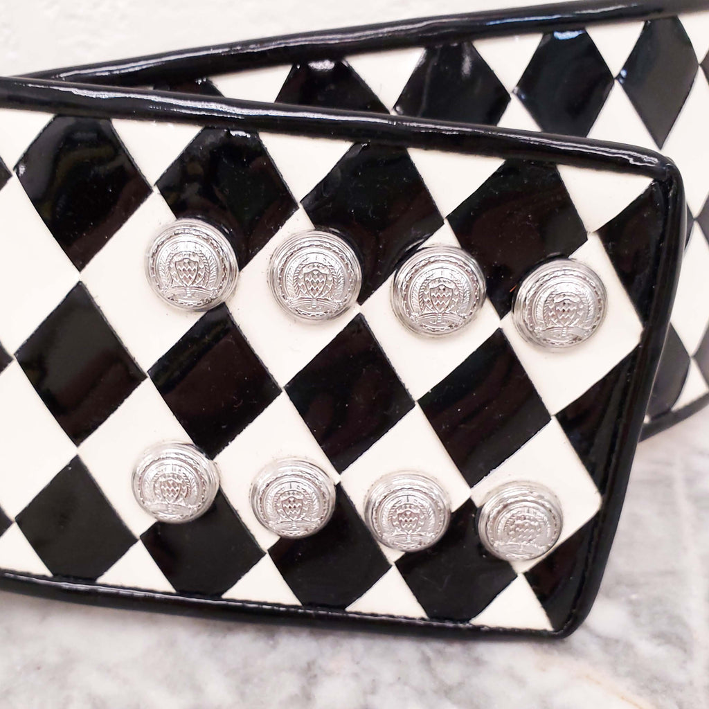 BALMAIN BLACK AND WHITE PATENT WITH SILVER MEDALLIONS WAIST BELT - SIZE 38