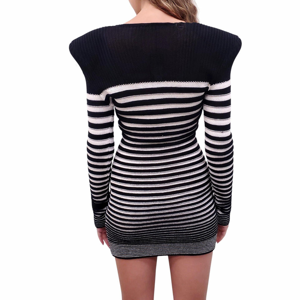 BALMAIN BLACK AND WHITE STRIPED SAILOR-STYLE KNIT DRESS - SIZE 36