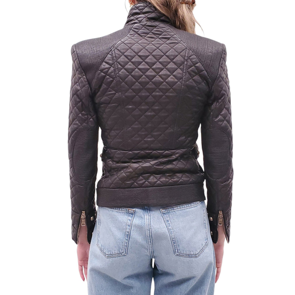 BALMAIN BLACK LEATHER QUILTED JACKET - SIZE 38