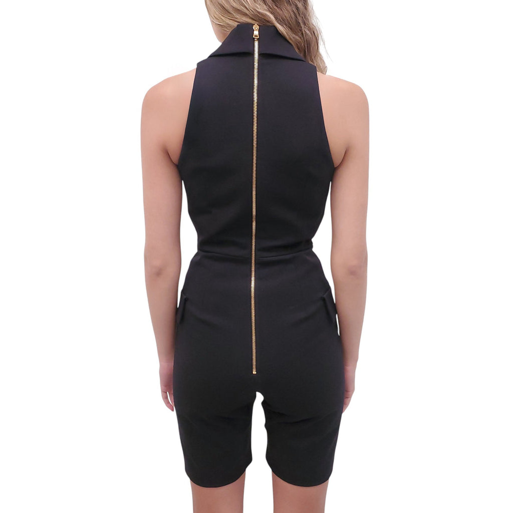 BALMAIN BLACK SLEEVELESS BLAZER ROMPER WITH GOLD LOGO BUTTONS - SIZE 38