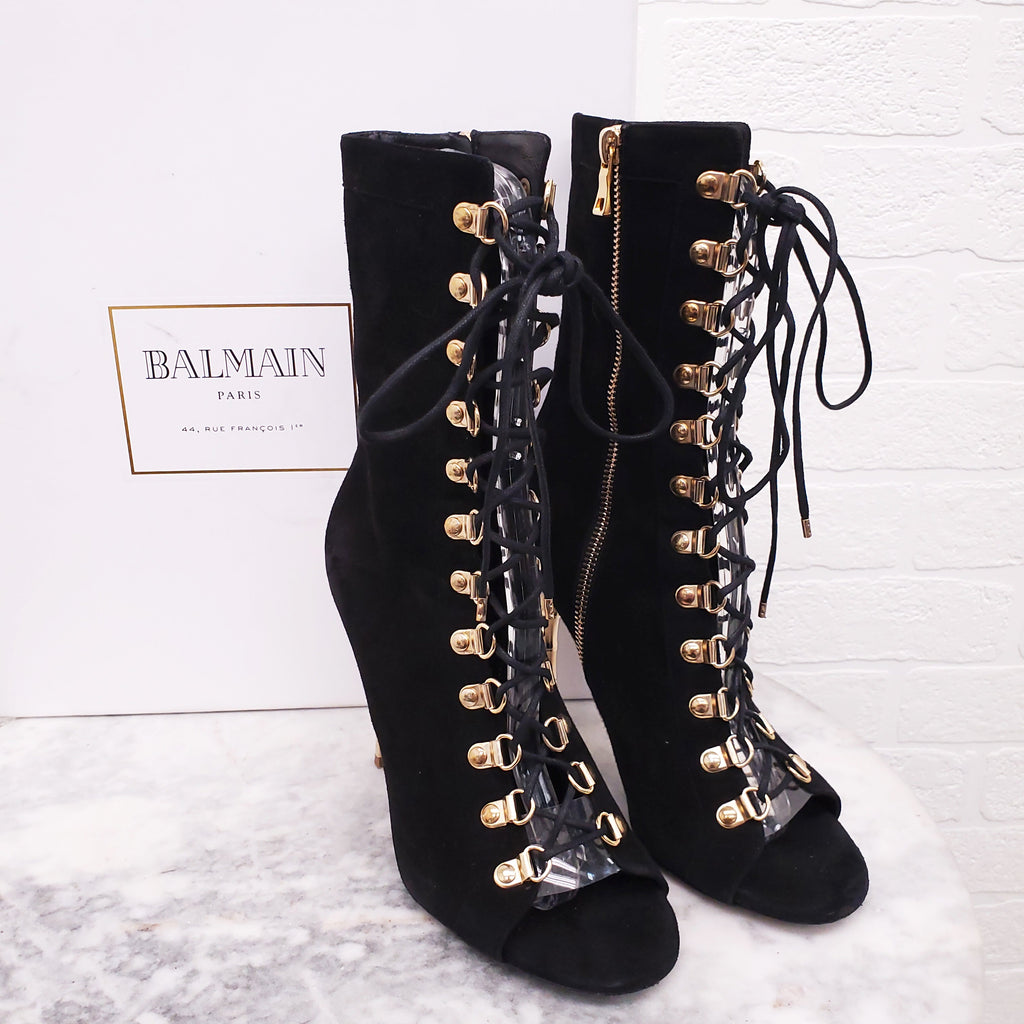 BALMAIN BLACK SUEDE LACE UP BOOTIES WITH GOLD HEEL - SIZE 37