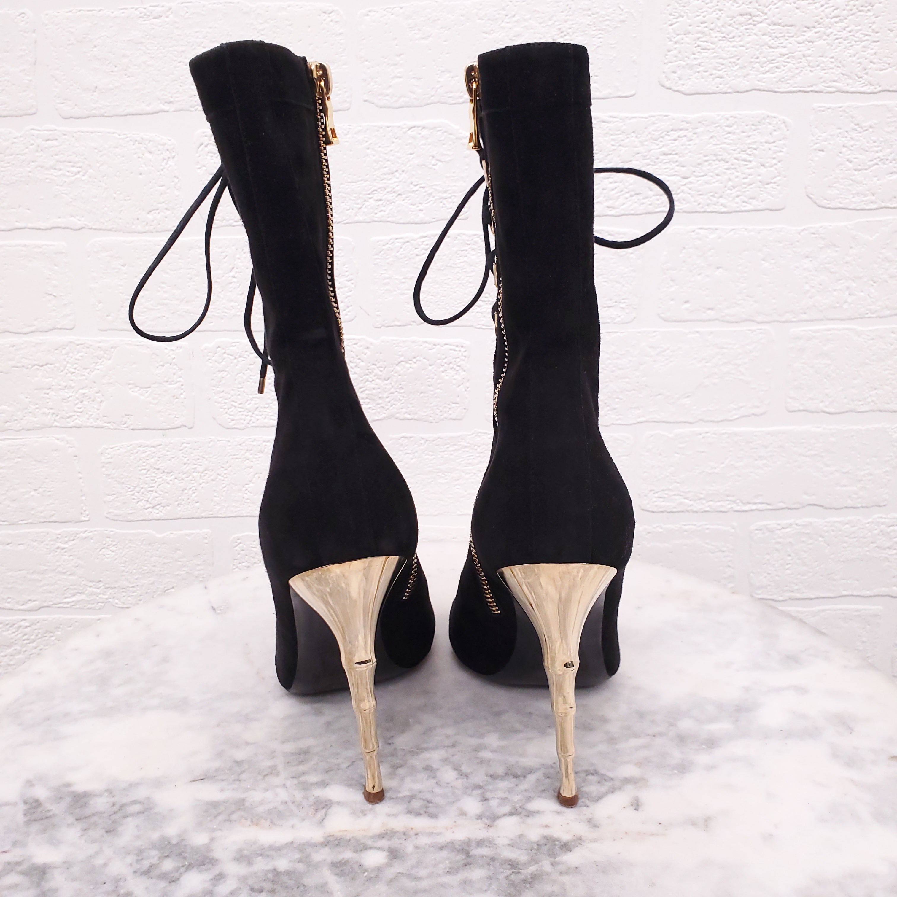 BALMAIN BLACK SUEDE LACE UP BOOTIES WITH GOLD HEEL - SIZE 37