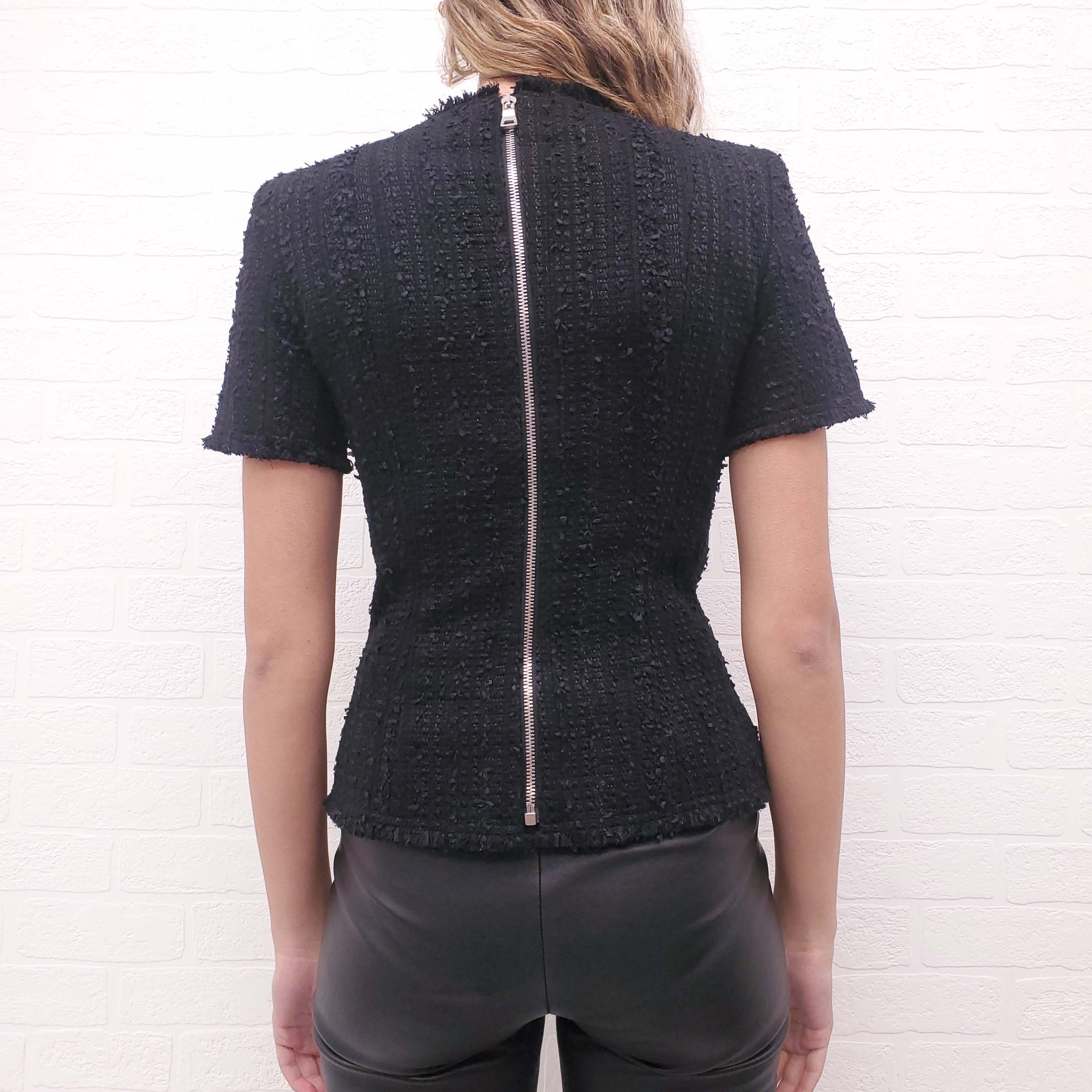 BALMAIN BLACK TWEED TOP WITH SILVER BUTTONS - SIZE 36