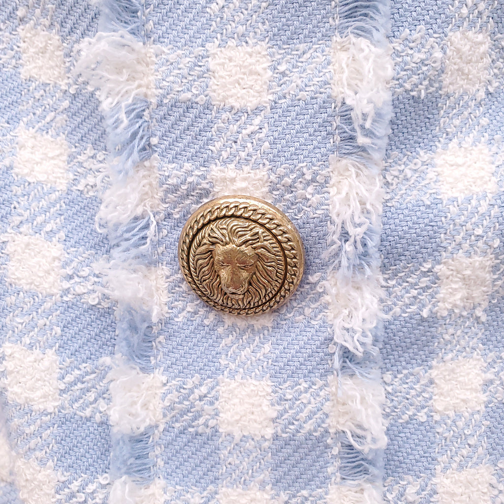BALMAIN BLUE AND WHITE GINGHAM TWEED DRESS WITH GOLD BUTTONS - SIZE 40