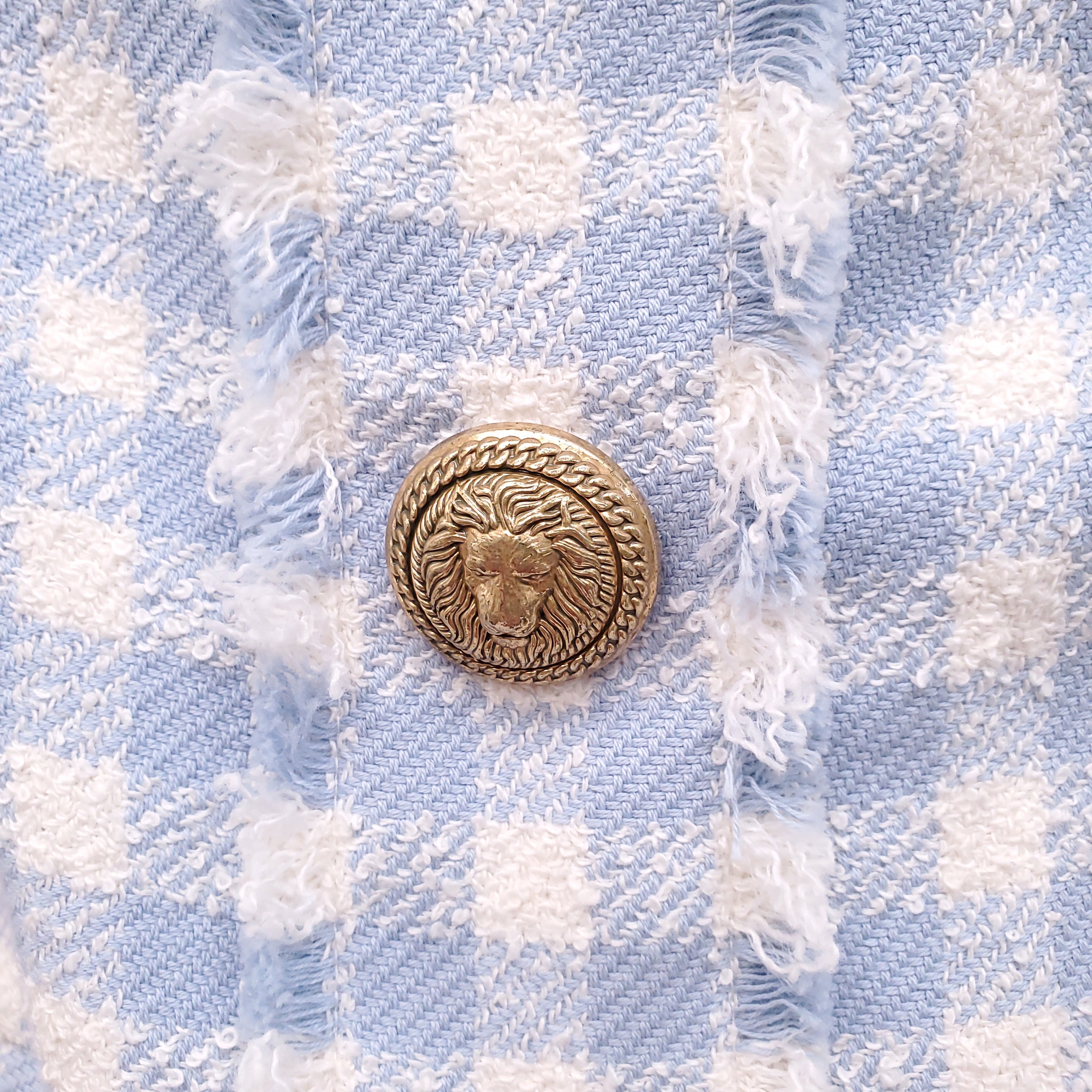 BALMAIN BLUE AND WHITE GINGHAM TWEED DRESS WITH GOLD BUTTONS - SIZE 40