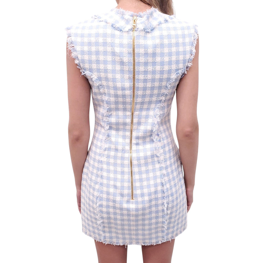 BALMAIN BLUE AND WHITE GINGHAM TWEED DRESS WITH GOLD BUTTONS - SIZE 40