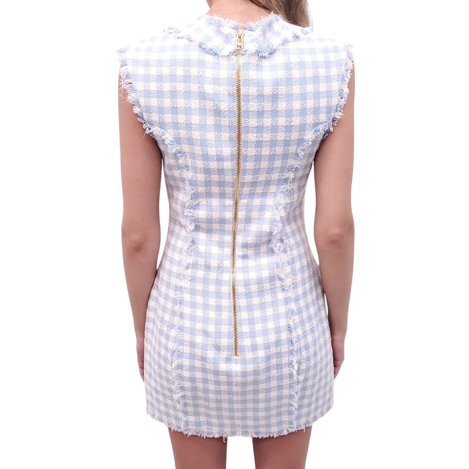 BALMAIN BLUE AND WHITE GINGHAM TWEED DRESS WITH GOLD BUTTONS - SIZE 40