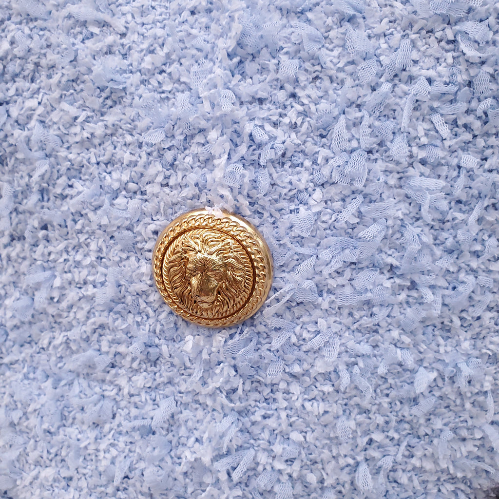 BALMAIN BLUE TWEED BOUCLÉ TOP WITH GOLD BUTTONS - SIZE 44