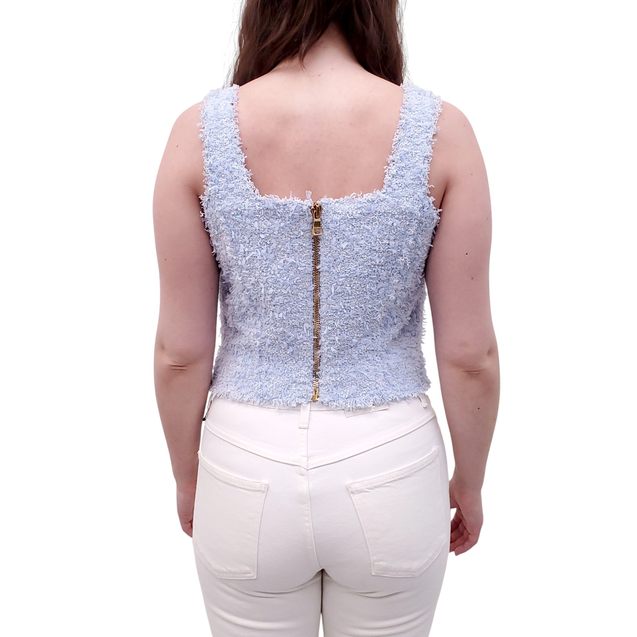 BALMAIN BLUE TWEED BOUCLÉ TOP WITH GOLD BUTTONS - SIZE 44