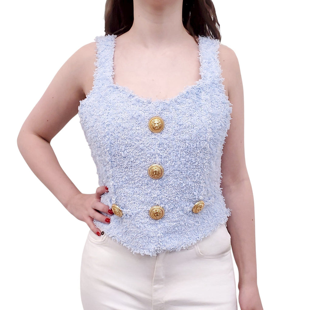 BALMAIN BLUE TWEED BOUCLÉ TOP WITH GOLD BUTTONS - SIZE 44
