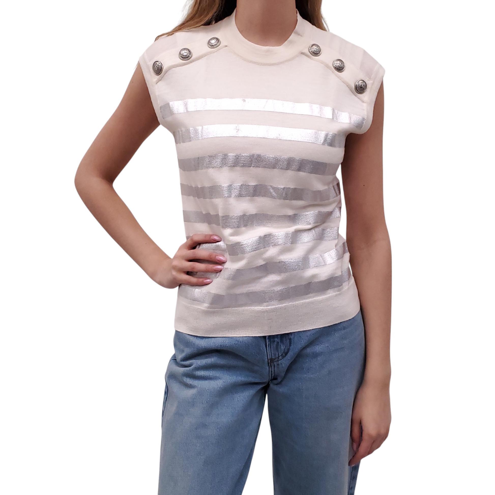BALMAIN CREAM AND SILVER STRIPED SWEATER VEST WITH LOGO BUTTONS - SIZE 38