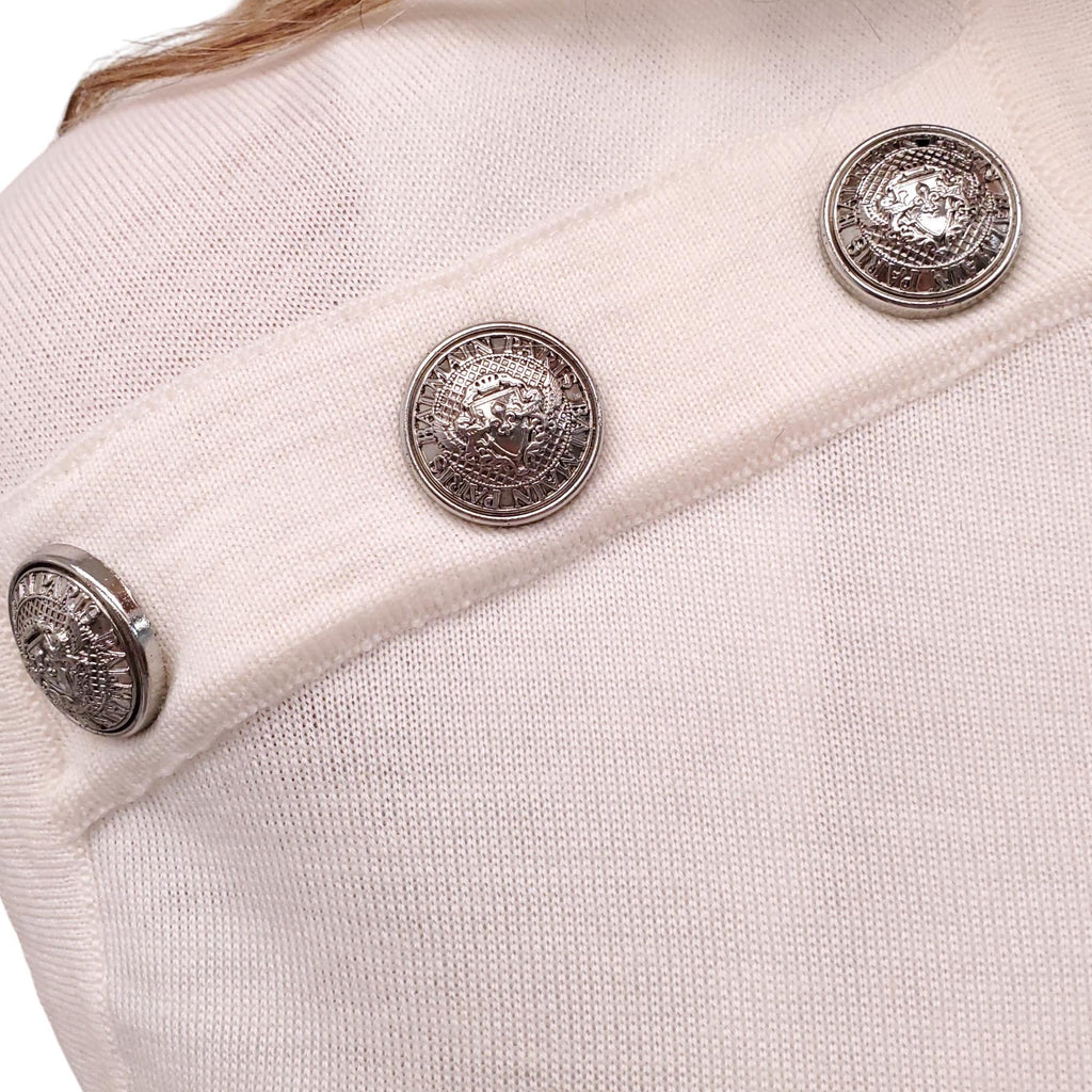 BALMAIN CREAM AND SILVER STRIPED SWEATER VEST WITH LOGO BUTTONS - SIZE 38