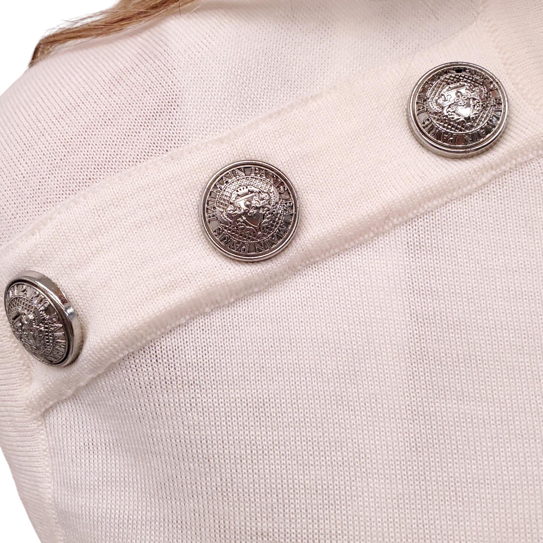 BALMAIN CREAM AND SILVER STRIPED SWEATER VEST WITH LOGO BUTTONS - SIZE 38