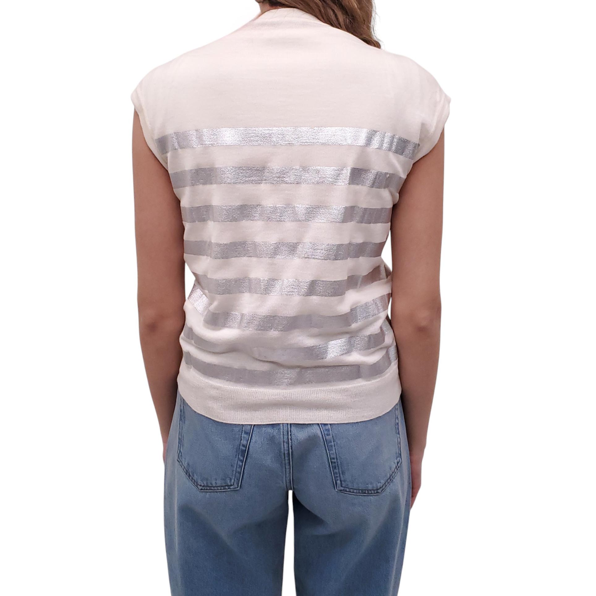 BALMAIN CREAM AND SILVER STRIPED SWEATER VEST WITH LOGO BUTTONS - SIZE 38
