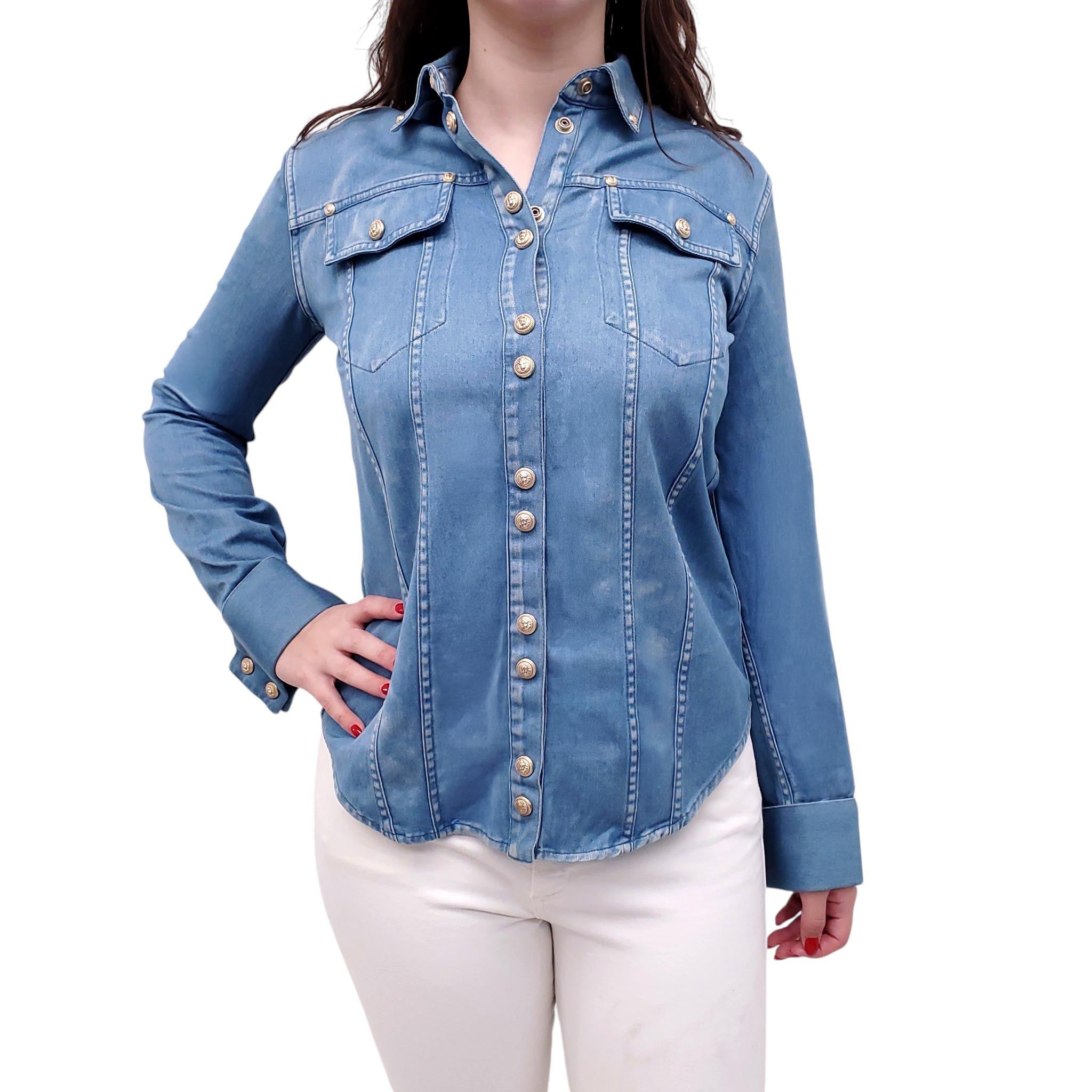 BALMAIN DENIM-EFFECT TOP WITH GOLD BUTTONS - SIZE 36