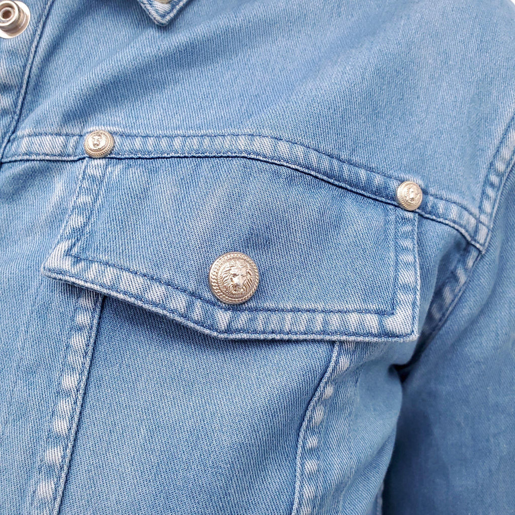 BALMAIN DENIM-EFFECT TOP WITH GOLD BUTTONS - SIZE 36
