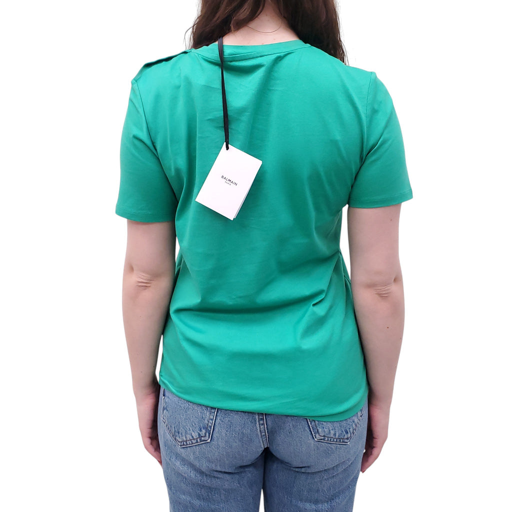 BALMAIN GREEN LOGO T-SHIRT WITH SILVER LOGO BUTTONS - SIZE M