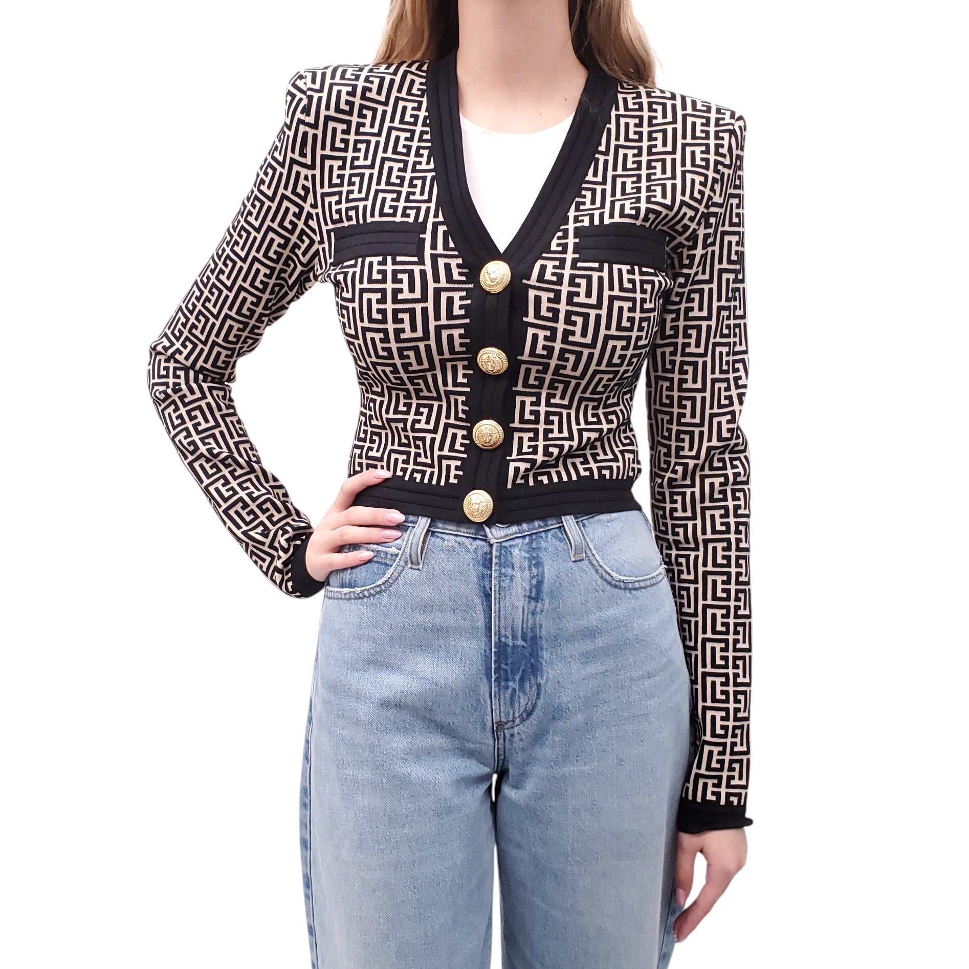 BALMAIN MONOGRAM KNIT CARDIGAN WITH GOLD BUTTONS - SIZE 36