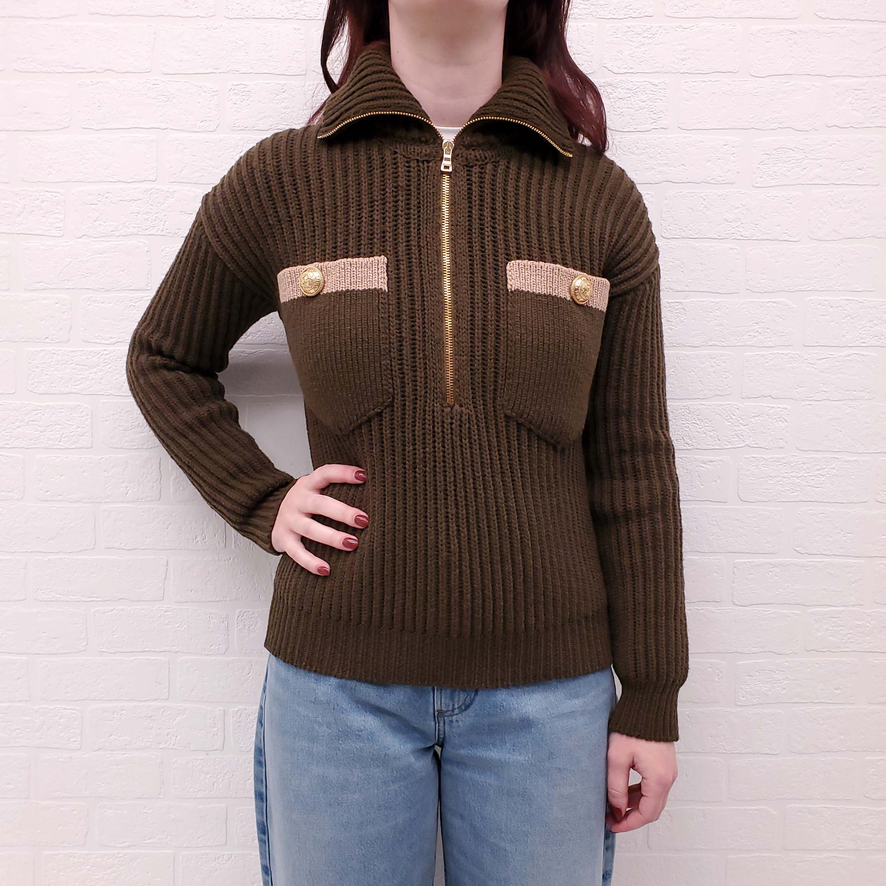 BALMAIN OLIVE SWEATER WITH FRONT POCKETS - SIZE 34