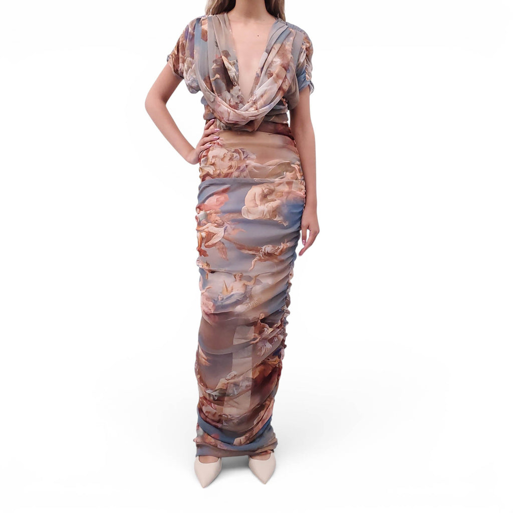 BALMAIN PAINTING PATTERNED MESH RUCHED MAXI DRESS - SIZE 2 (M)