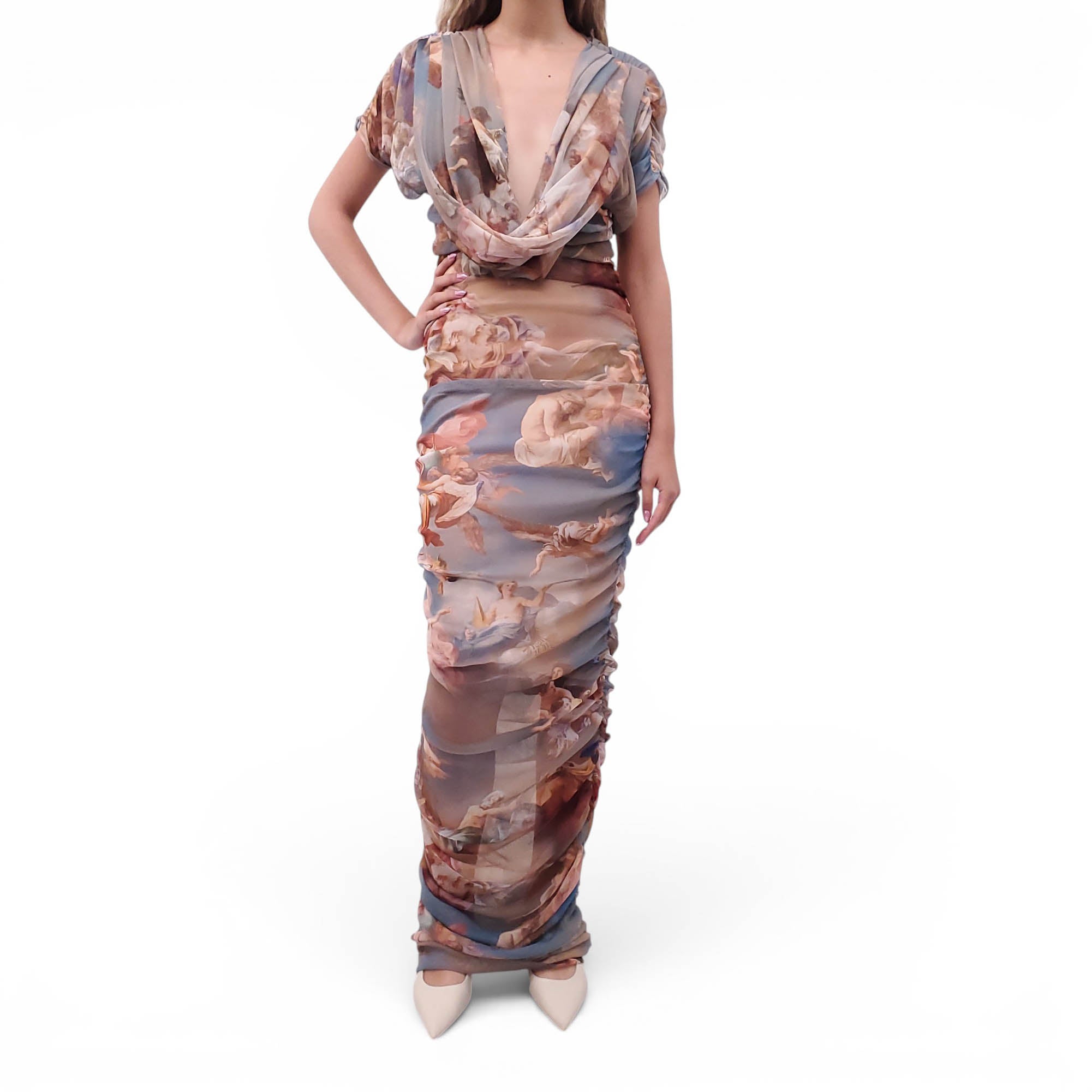 BALMAIN PAINTING PATTERNED MESH RUCHED MAXI DRESS - SIZE 2 (M)