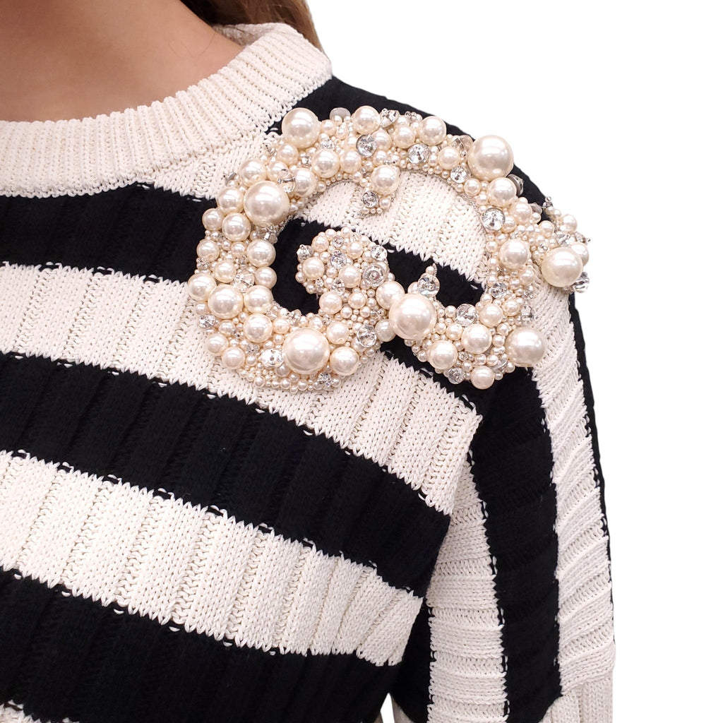 BALMAIN PEARL EMBELLISHED STRIPED SWEATER - SIZE 38