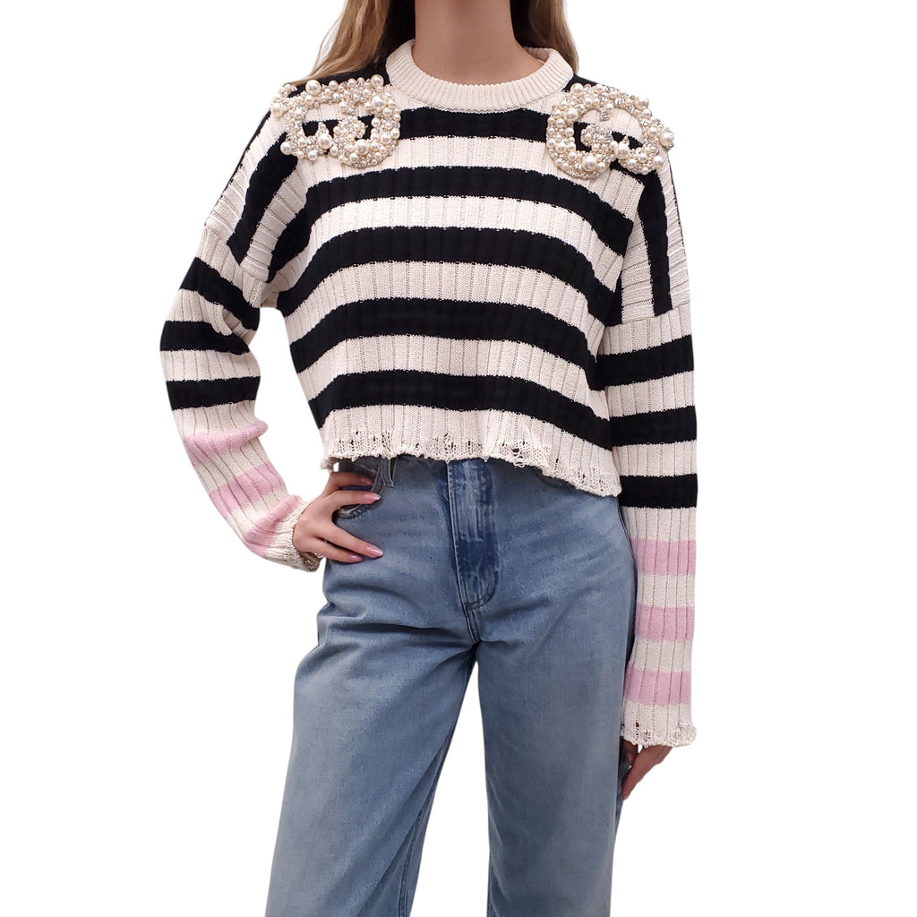 BALMAIN PEARL EMBELLISHED STRIPED SWEATER - SIZE 38