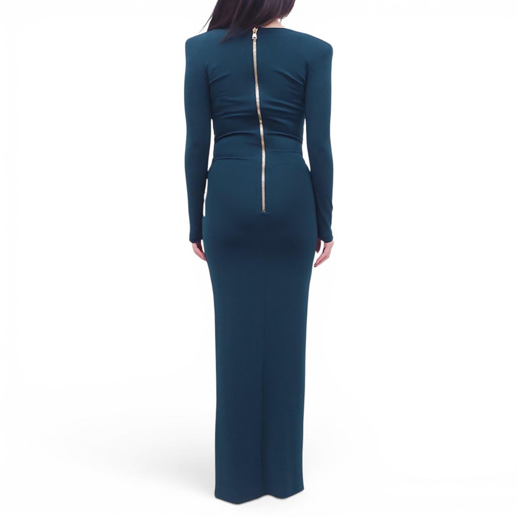 BALMAIN TEAL GOWN WITH EMBELLISHED FLOWER DETAIL - SIZE 38