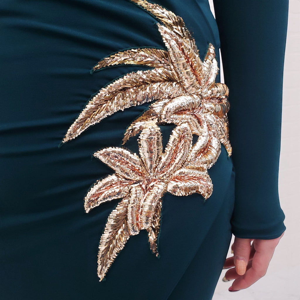 BALMAIN TEAL GOWN WITH EMBELLISHED FLOWER DETAIL - SIZE 38