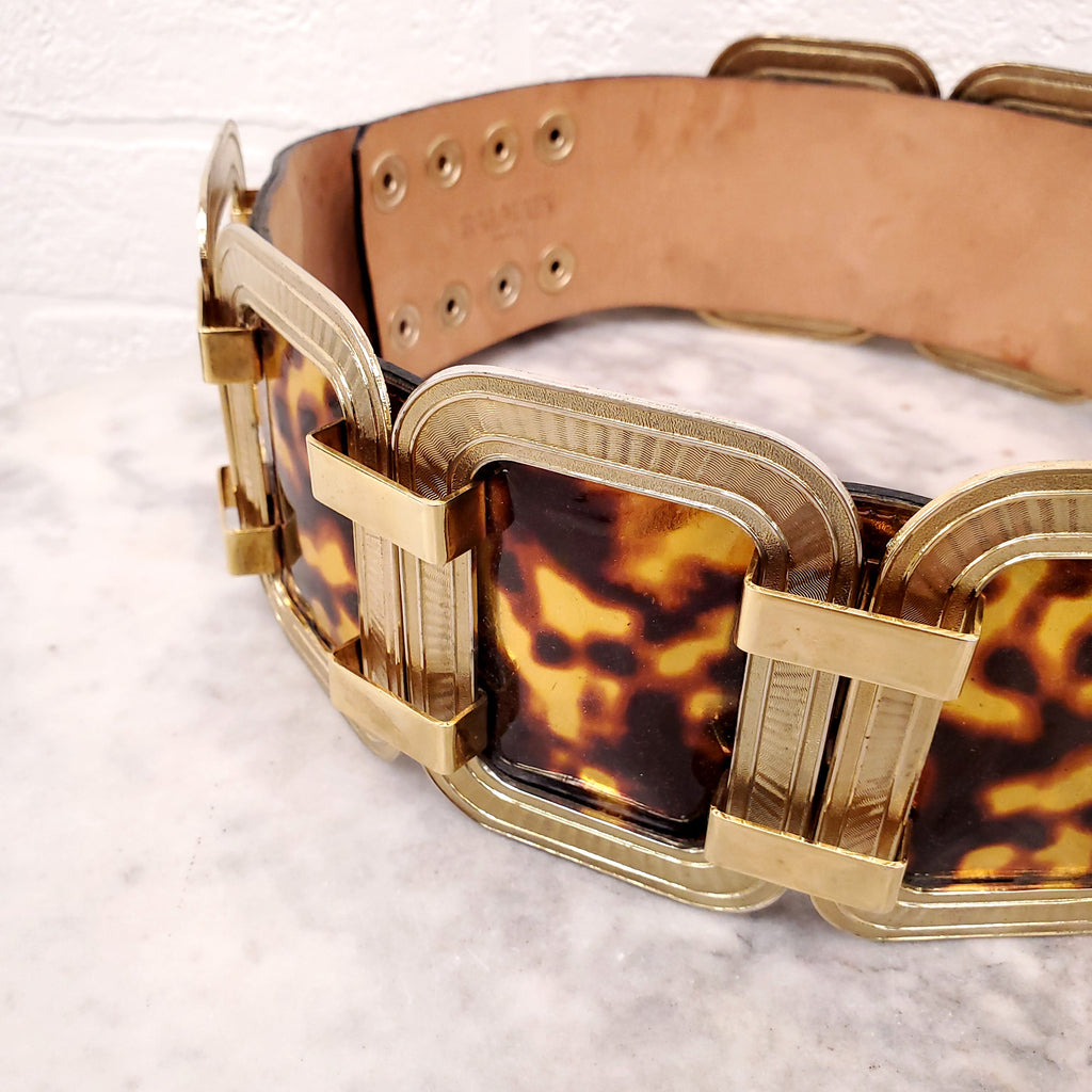 BALMAIN TORTOISE SHELL BELT WITH GOLD EMBROIDERY - SIZE 38