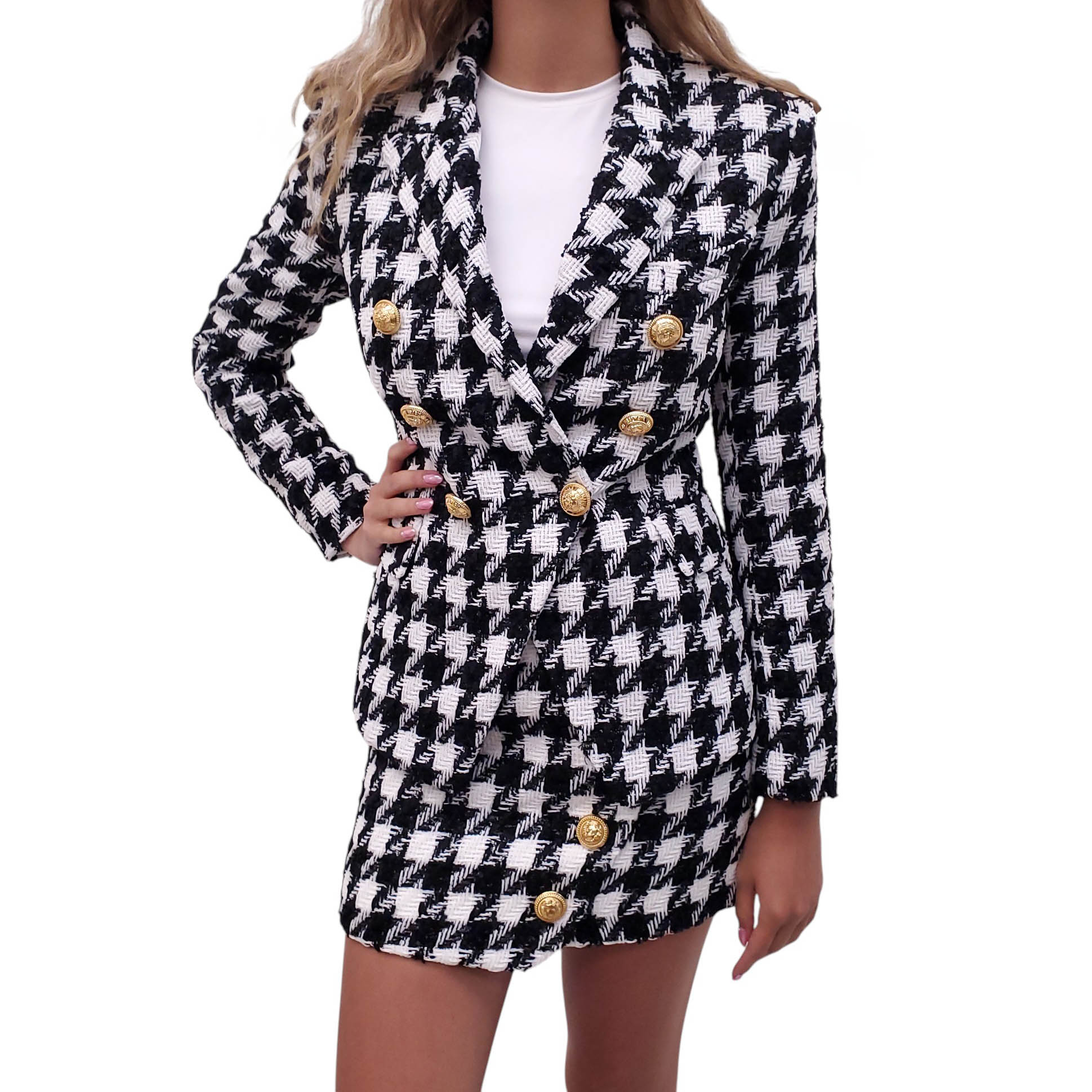 BALMAIN WHITE AND BLACK TWEED HOUNDSTOOTH BLAZER AND SKIRT SET - SIZE 36