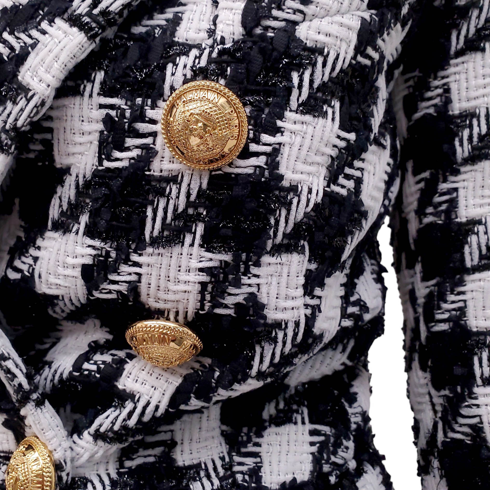 BALMAIN WHITE AND BLACK TWEED HOUNDSTOOTH BLAZER AND SKIRT SET - SIZE 36