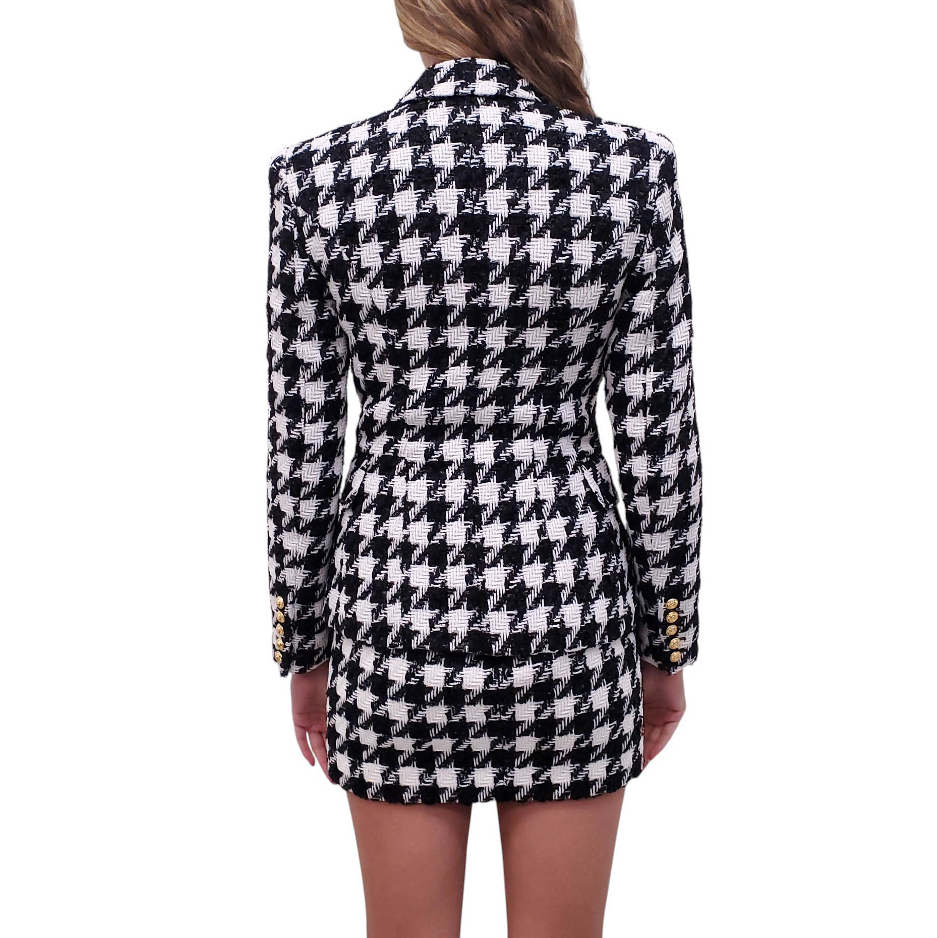 BALMAIN WHITE AND BLACK TWEED HOUNDSTOOTH BLAZER AND SKIRT SET - SIZE 36