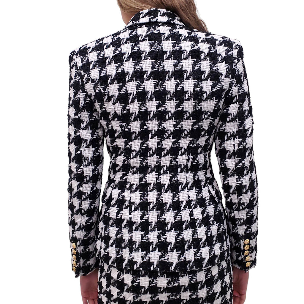 BALMAIN WHITE AND BLACK TWEED HOUNDSTOOTH BLAZER AND SKIRT SET - SIZE 36