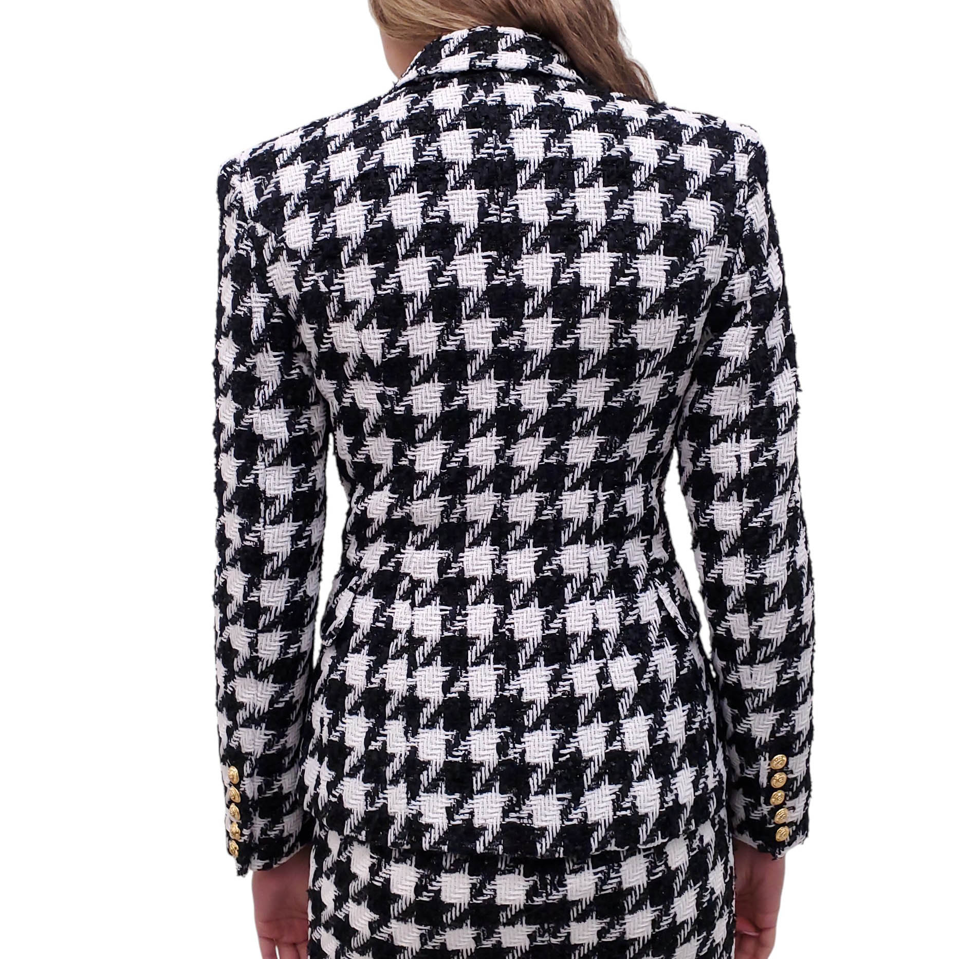BALMAIN WHITE AND BLACK TWEED HOUNDSTOOTH BLAZER AND SKIRT SET - SIZE 36