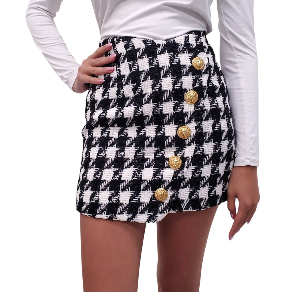 BALMAIN WHITE AND BLACK TWEED HOUNDSTOOTH BLAZER AND SKIRT SET - SIZE 36