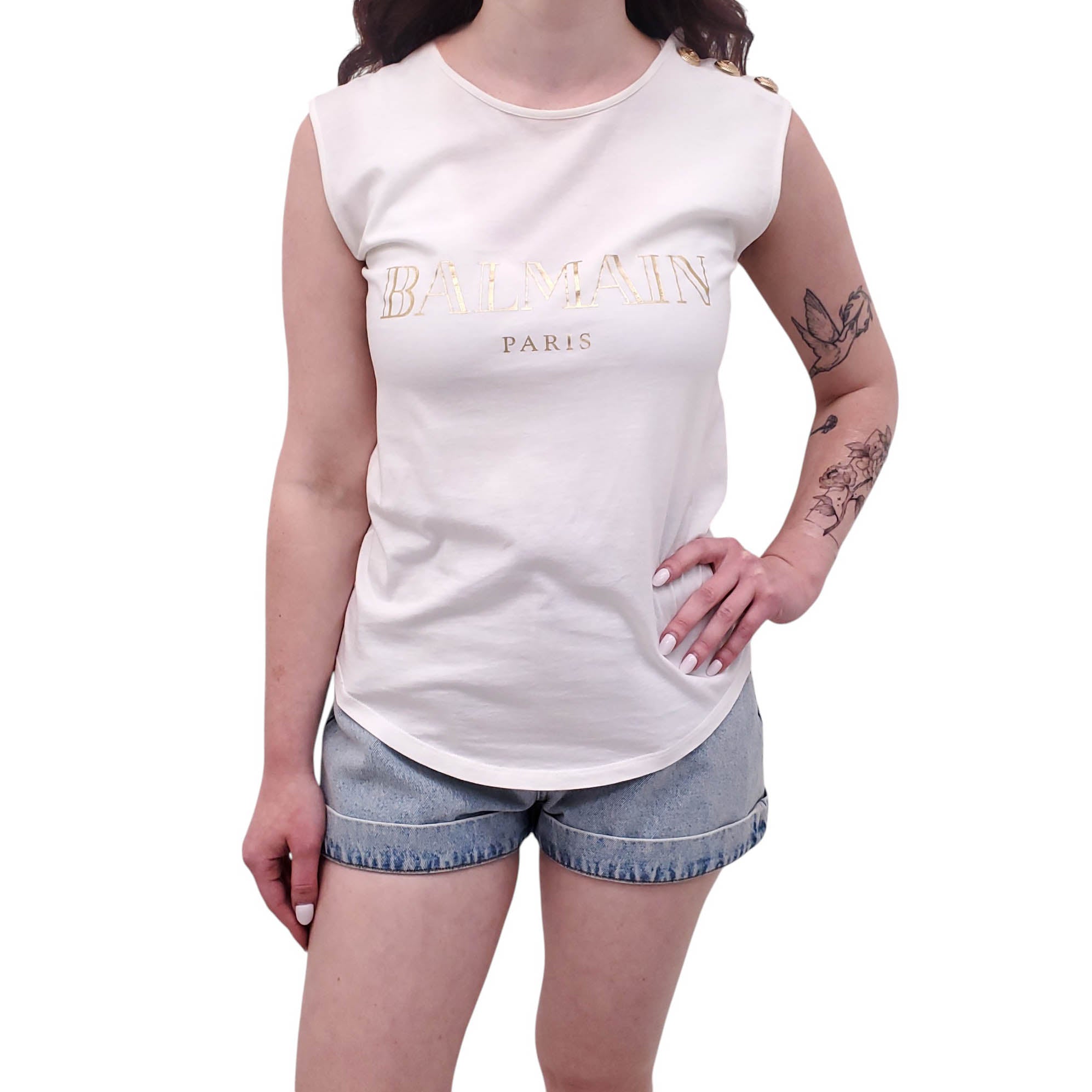 BALMAIN WHITE AND GOLD SLEEVELESS LOGO TOP - SIZE 34