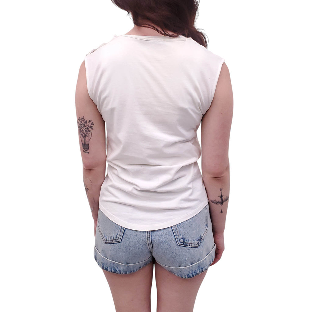BALMAIN WHITE AND GOLD SLEEVELESS LOGO TOP - SIZE 34